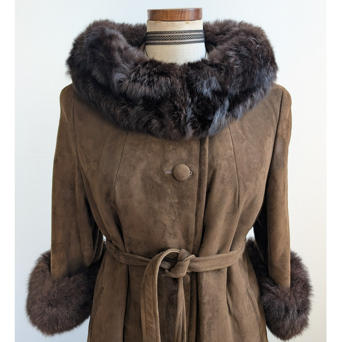 Vintage Brown Suede Penny Lane Jacket Fur Trim Leather Groovy Trench Coat Large