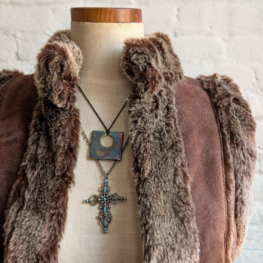 Y2K Vintage Brown Suede Fur Vest Penny Lane Fuzzy Leather Groovy Boho Moto Coat