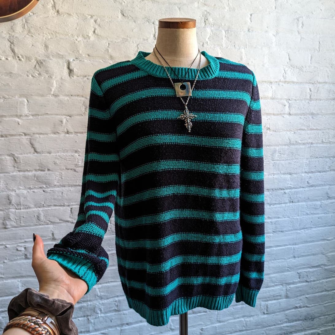Y2K Vintage Black Stripe Knit Grandpa Sweater Minimal Grunge Woodsy Fairy Top