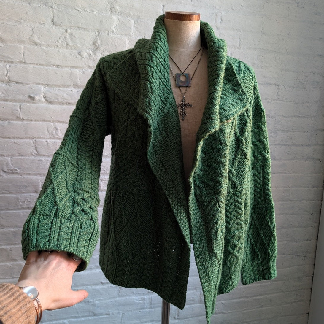 Vintage Green Wool Cable Knit Grandpa Sweater Minimalist Chunky Cardigan Top