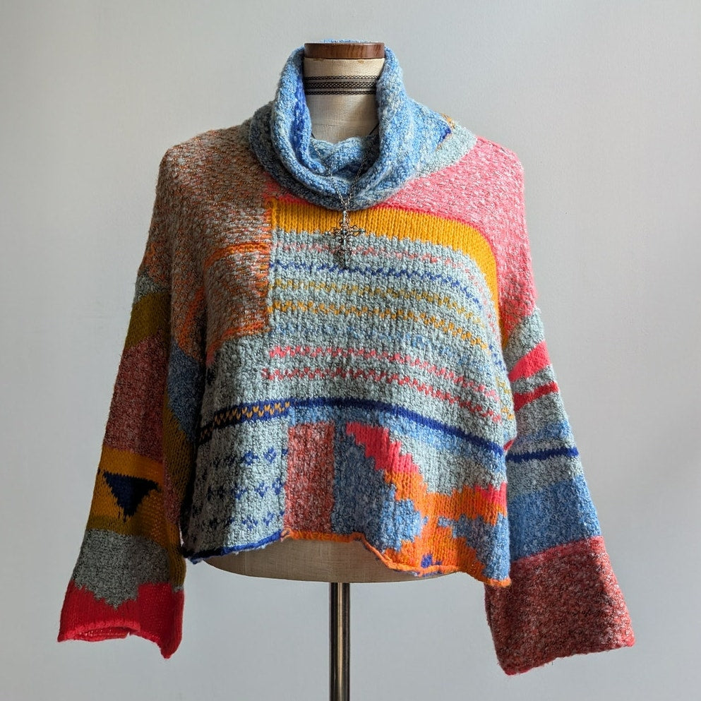 Chunky Knit Oversize Striped Turtleneck Sweater Cropped Kawaii Boho Cute Medium