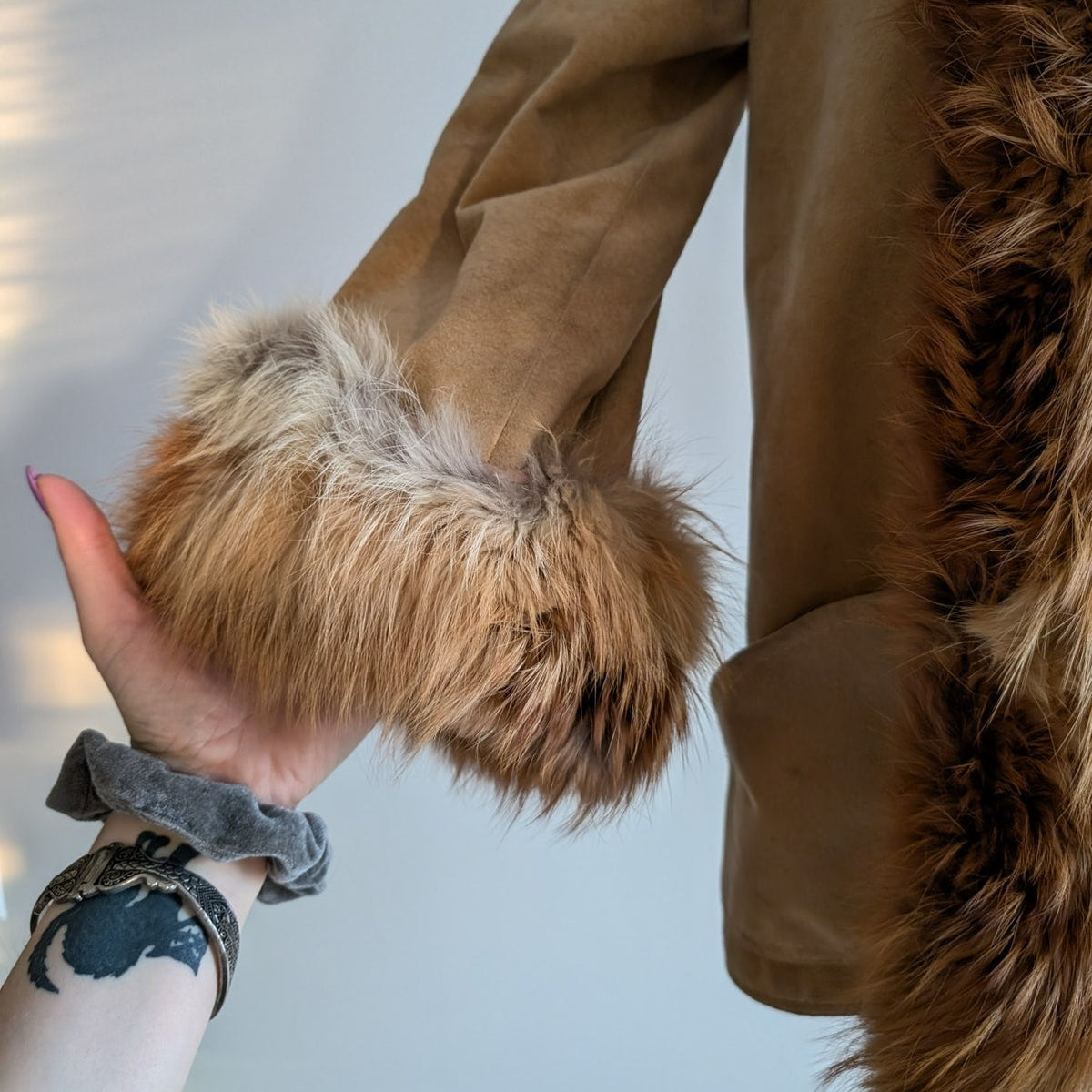 Vintage Tan Brown Afghan Jacket M 70s Shaggy Penny Lane Coat Red Fox Fur Trim
