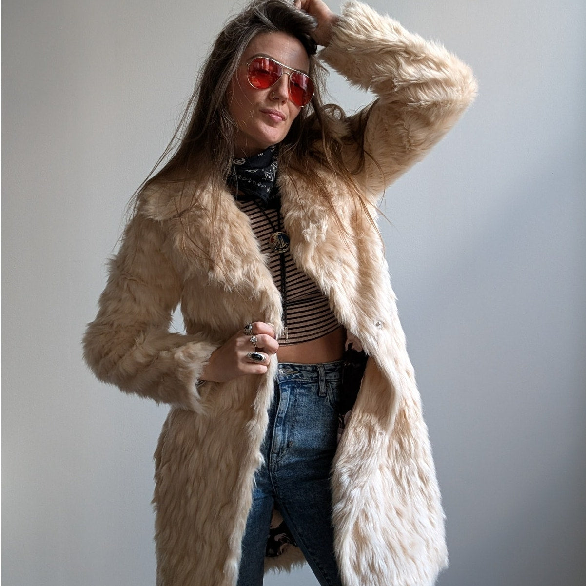 White Shaggy Faux Fur Trench Coat Cream Furry Penny Lane 70s Afghan Jacket Small