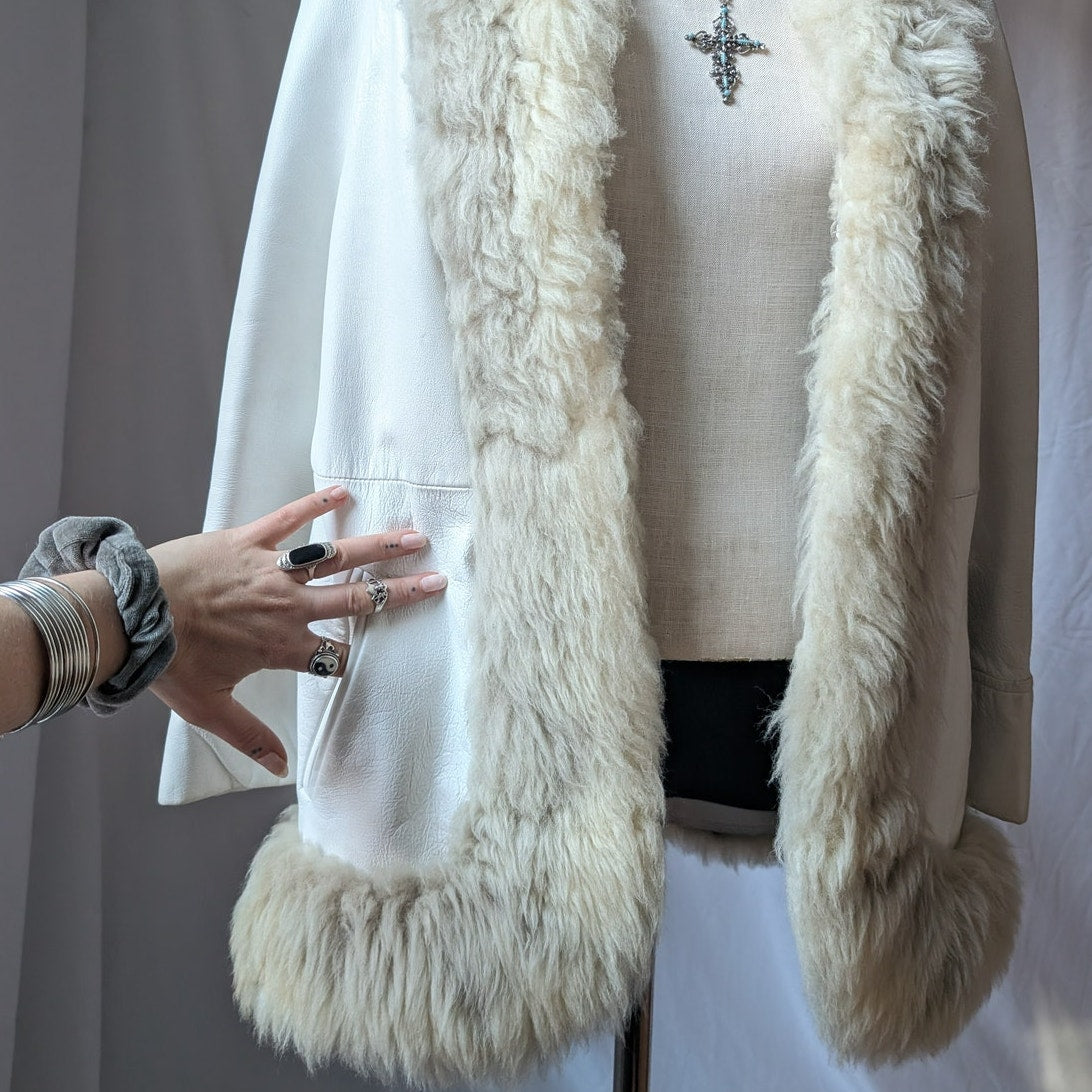 70s White Leather Penny Lane Coat L Vintage Afghan Jacket Boho Wedding Fur Coat
