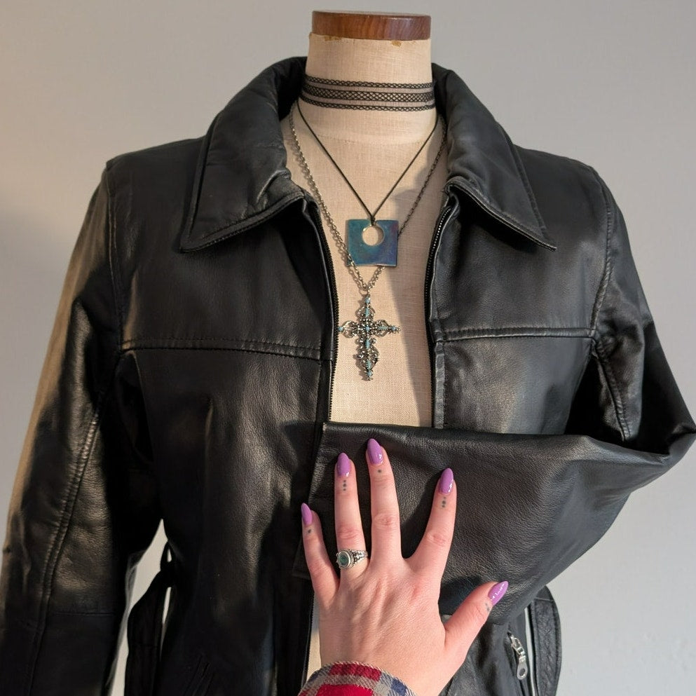 Vintage Black Genuine Leather Trench Coat Minimalist Goth Duster Jacket Small