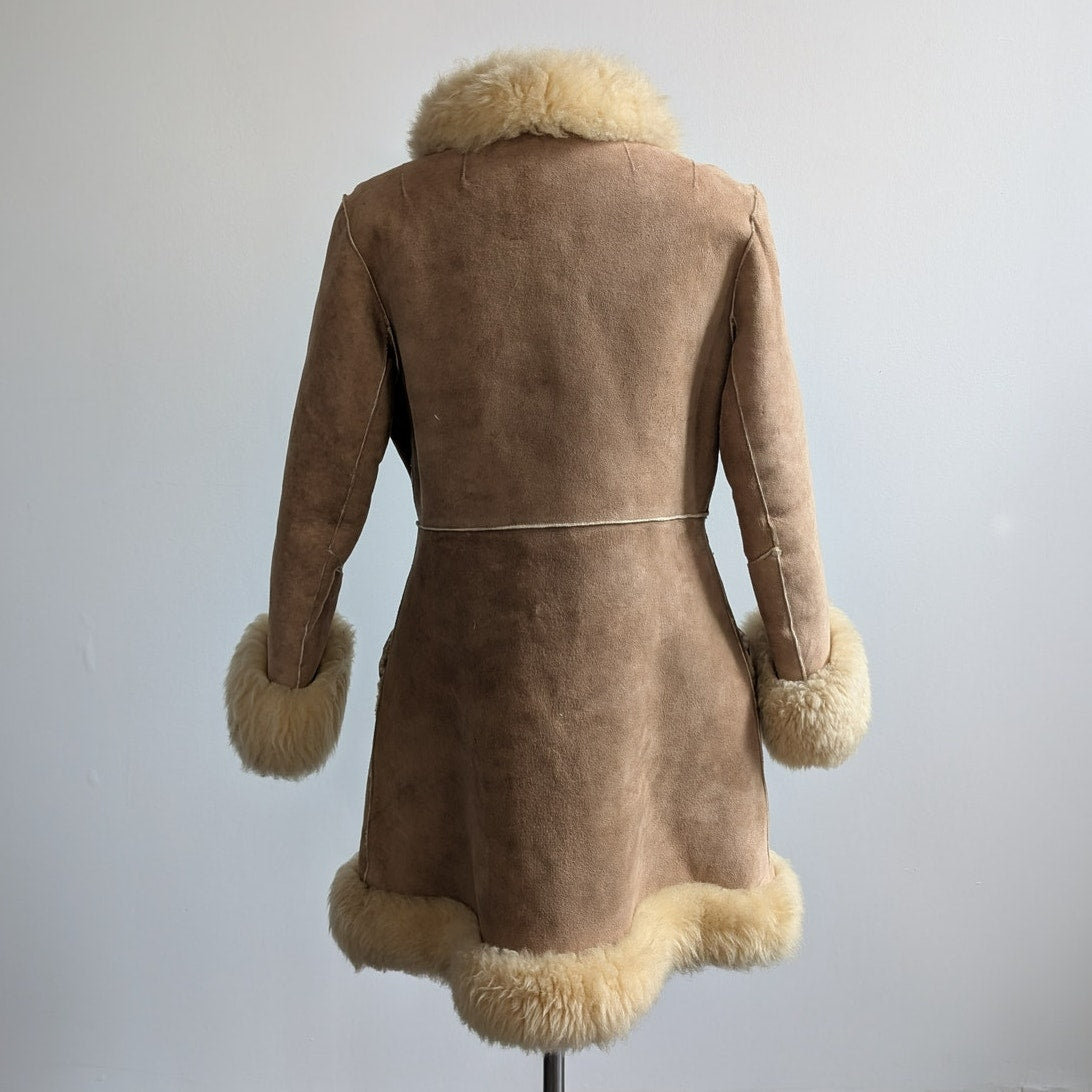 Vintage Brown Suede Fur Coat Boho Tan Leather Penny Lane Jacket Fur Trim Medium