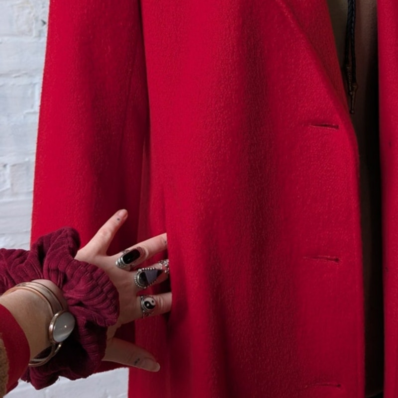 Vintage Red Wool Trench Coat Statement Velvet Collar Dark Romance Pleated Jacket