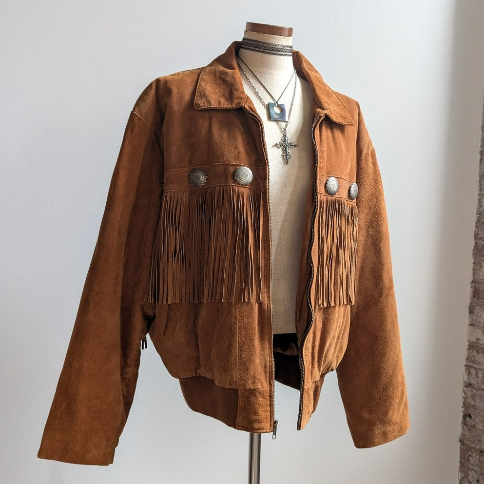 Vintage Brown Suede Leather Jacket Fringe Biker Western Moto Bomber Coat Large