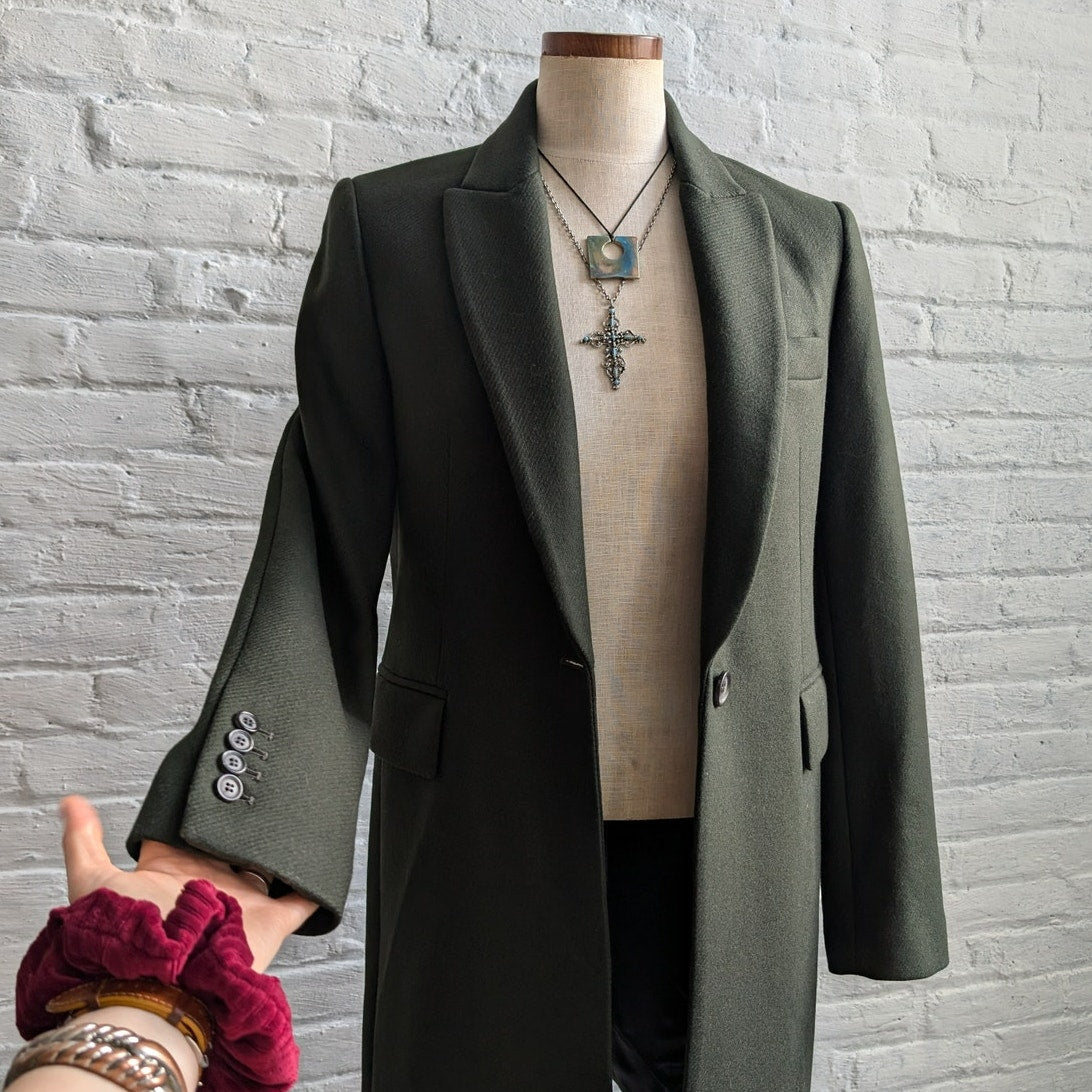 Zara Green Wool Trench Coat Earthy Blazer Dark Academia Chic Dress Jacket Small