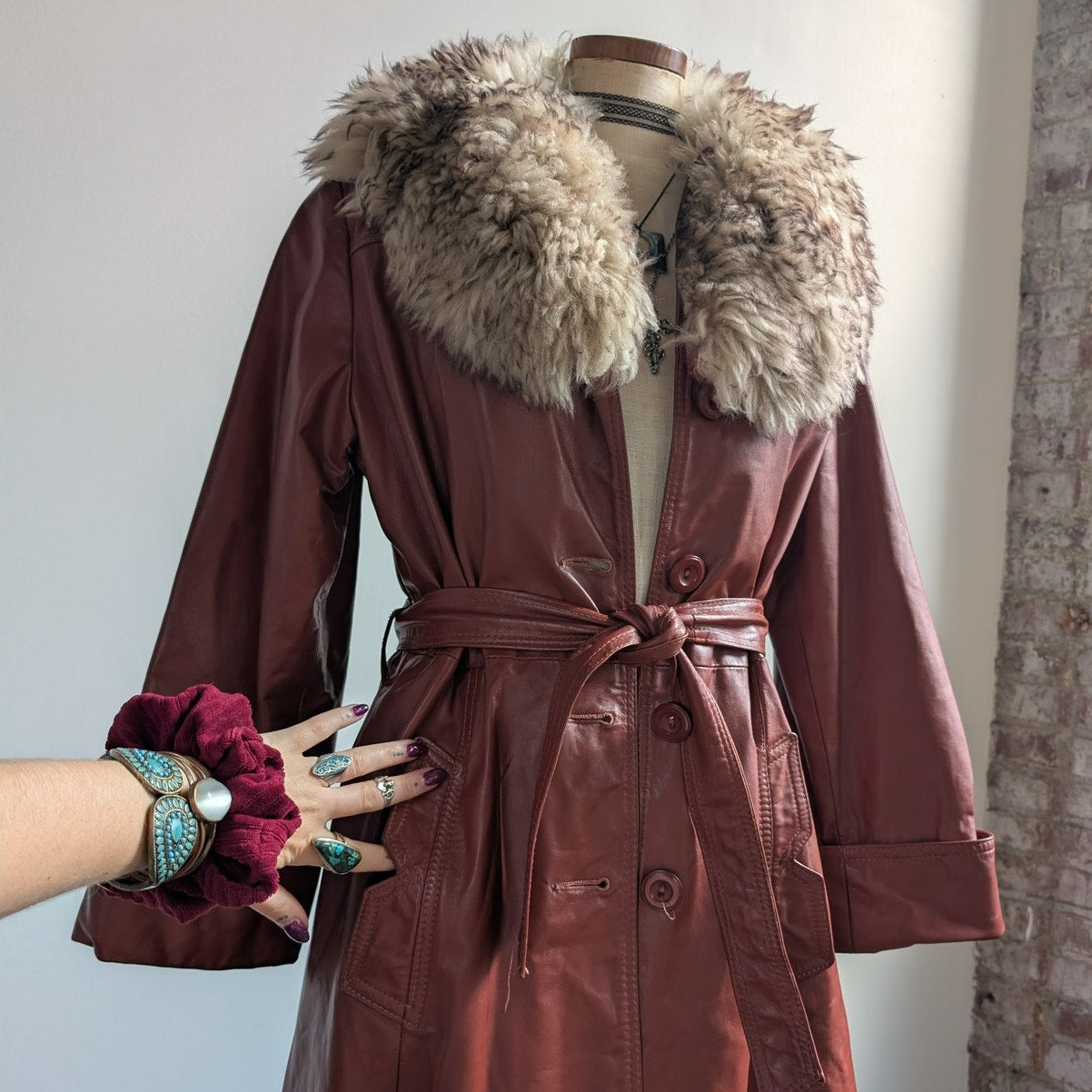 Vintage Leather Jacket Fur Trim Red 70s Penny Lane Boho Trench Afghan Coat Large