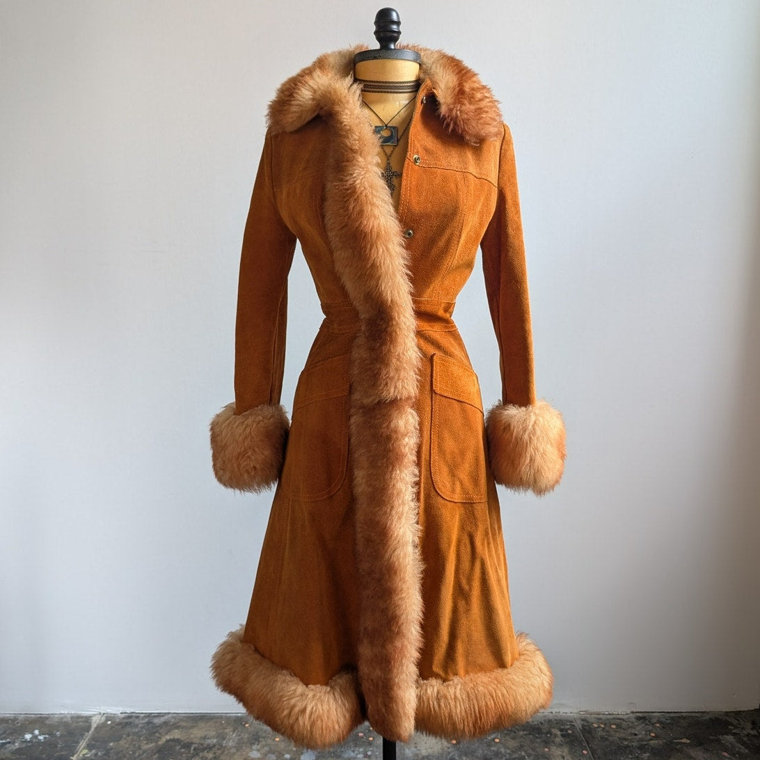 Vintage Orange Suede Penny Lane Afghan Trench Coat Fur Trim 70s Leather Jacket S
