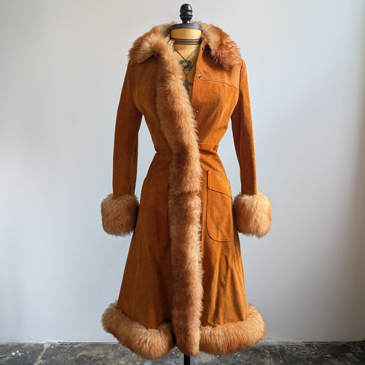Vintage Orange Suede Penny Lane Afghan Trench Coat Fur Trim 70s Leather Jacket S