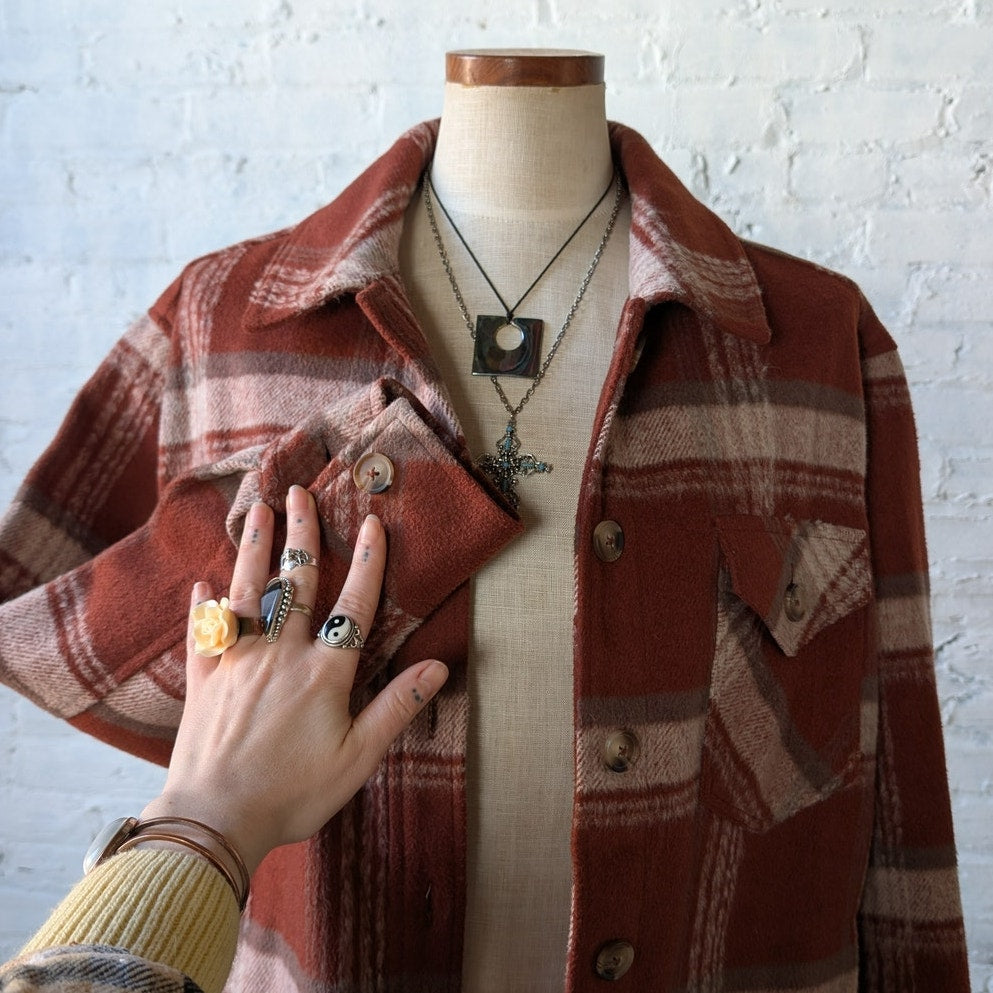 Red Plaid Flannel Jacket Gorpcore Utility Shacket Grunge Boho Chic Earthy Small