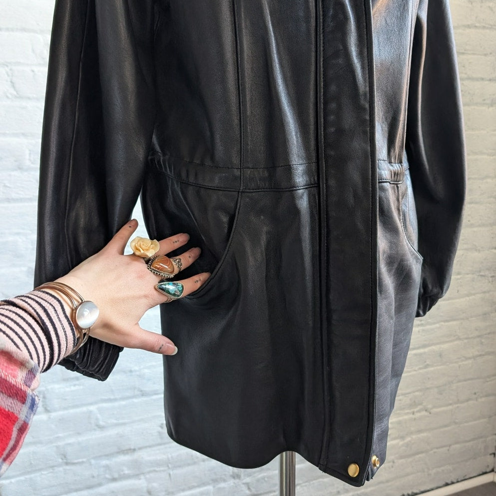 Vintage Black Leather Jacket Fox Fur Coat Sexy Black Leather Trench Coat Medium