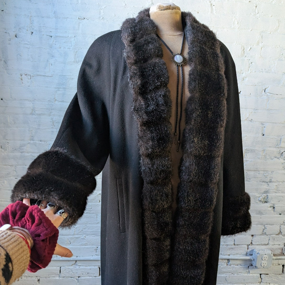 Vintage Black Wool Trench Coat Faux Fur Minimalist Penny Lane Grunge Goth Jacket