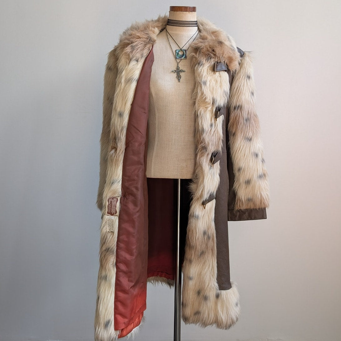 Vintage Cheetah Faux Fur Afghan Coat Leather Penny Lane Shaggy Trench Jacket