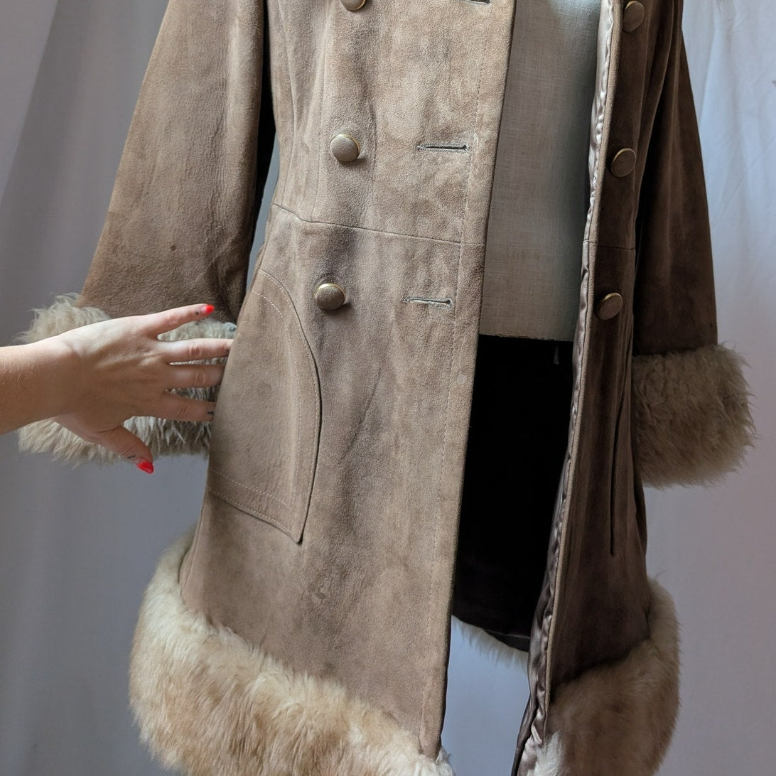 70s Vintage Brown Suede Penny Lane Coat M Tan Leather Fur Boho Afghan Jacket