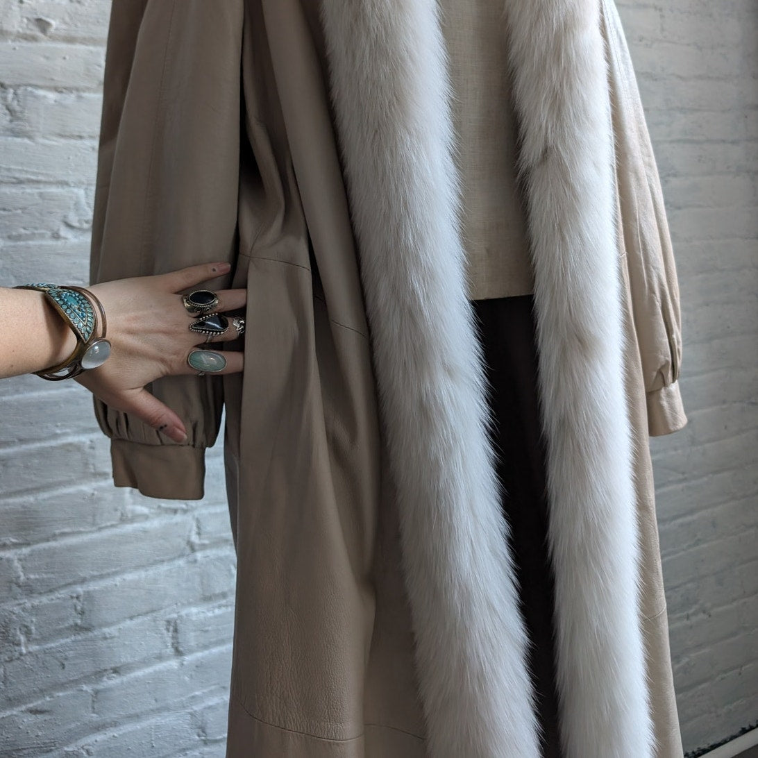 Vintage White Leather Snakeskin Trench Coat Minimalist Penny Lane Fox Fur Jacket