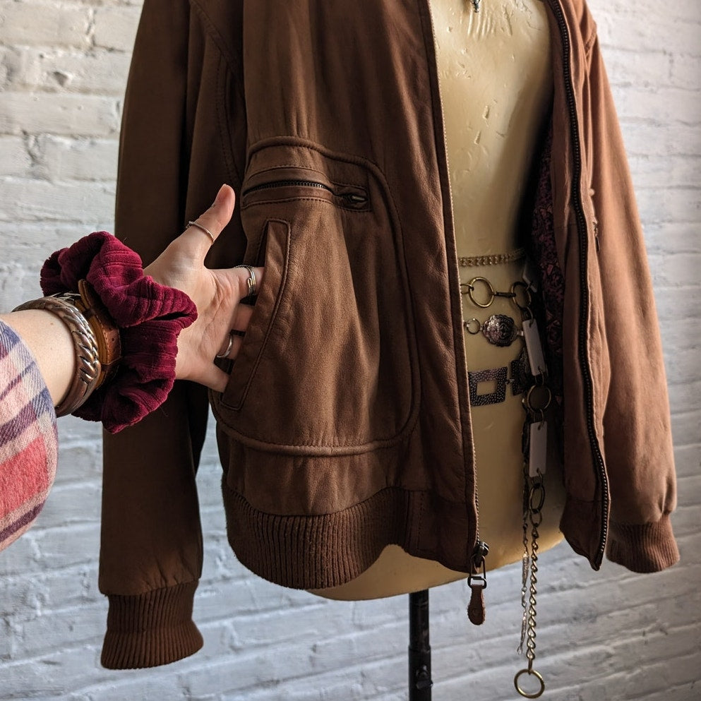 Vintage Brown Genuine Leather Bomber Jacket Aviator Earthtone Pilot Neutral Coat