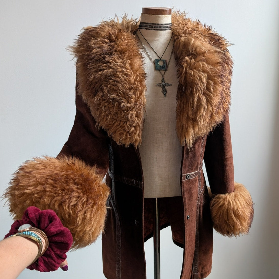 Vintage Brown Suede Penny Lane Jacket Groovy Fur Coat 70s Leather Western Medium