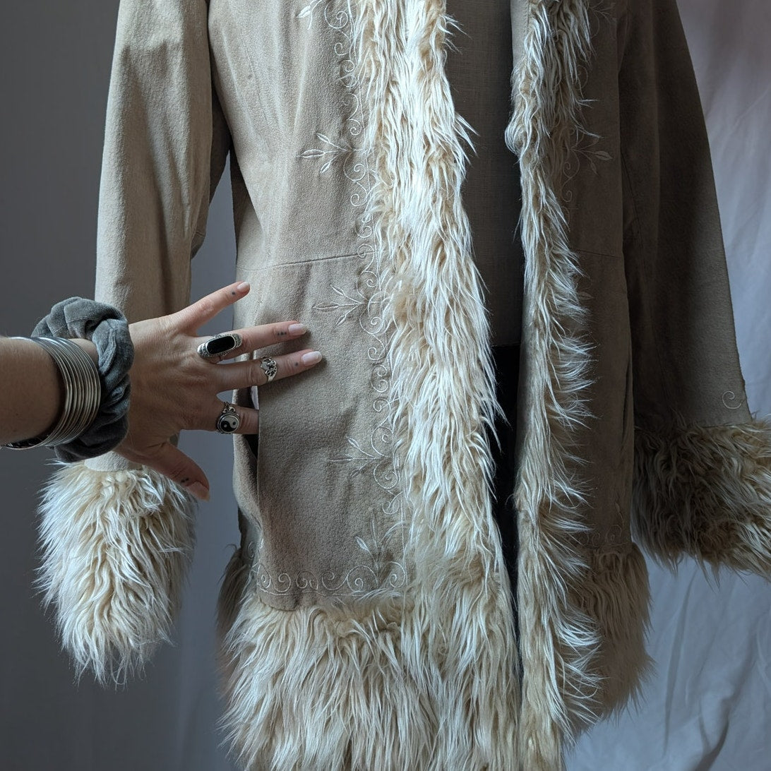 Y2K Vintage Tan Suede Penny Lane Jacket XL Faux Fur Coat Groovy Leather Coat