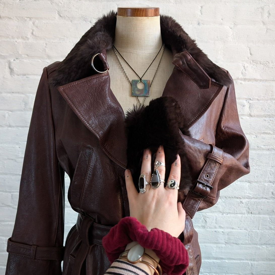 Vintage Burgundy Leather Penny Lane Trench Coat Genuine Fur Grunge Boho Jacket