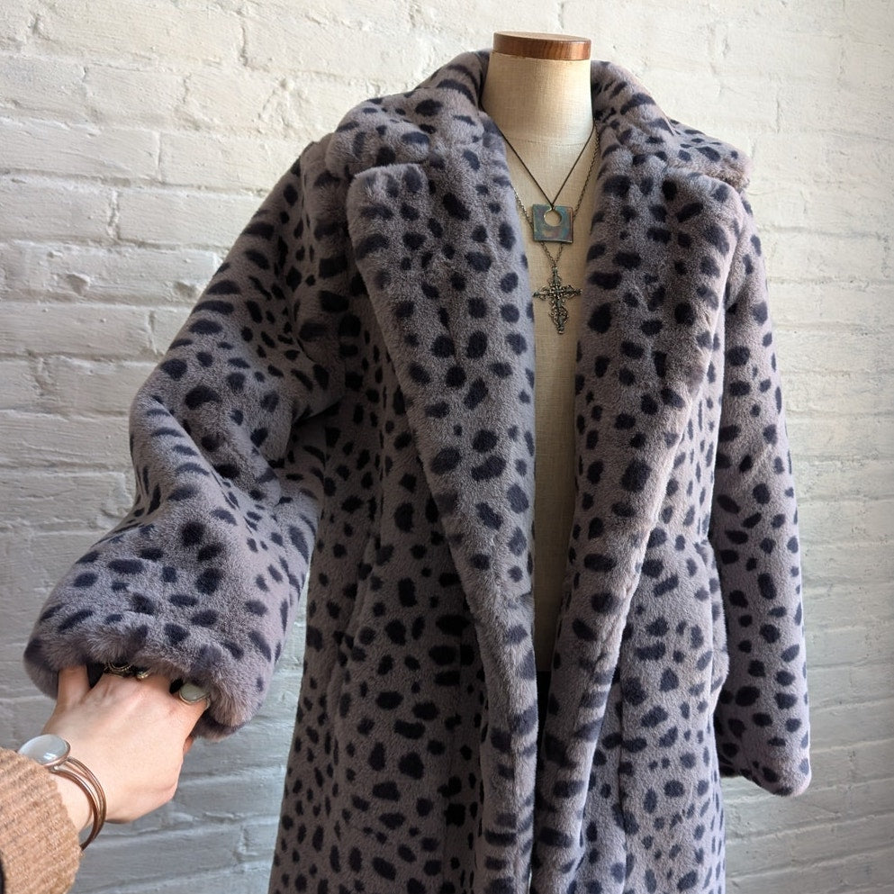 Faux Fur Cheetah Coat Animal Print Fur Trench Coat Shaggy Furry Y2K Jacket Small