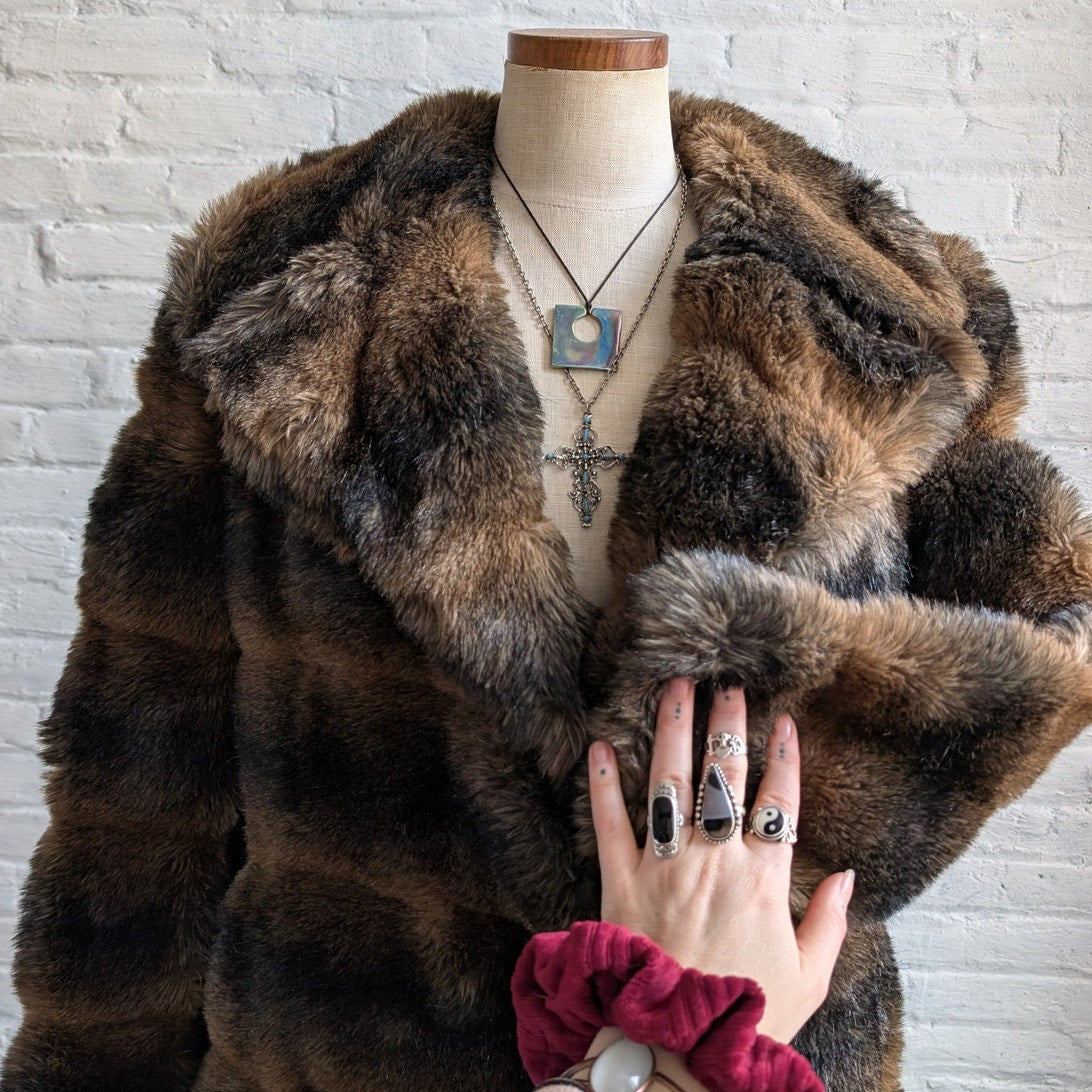 Vintage Ombre Faux Fur Coat Trench Shaggy Faux Leather Groovy Glam Plush Jacket