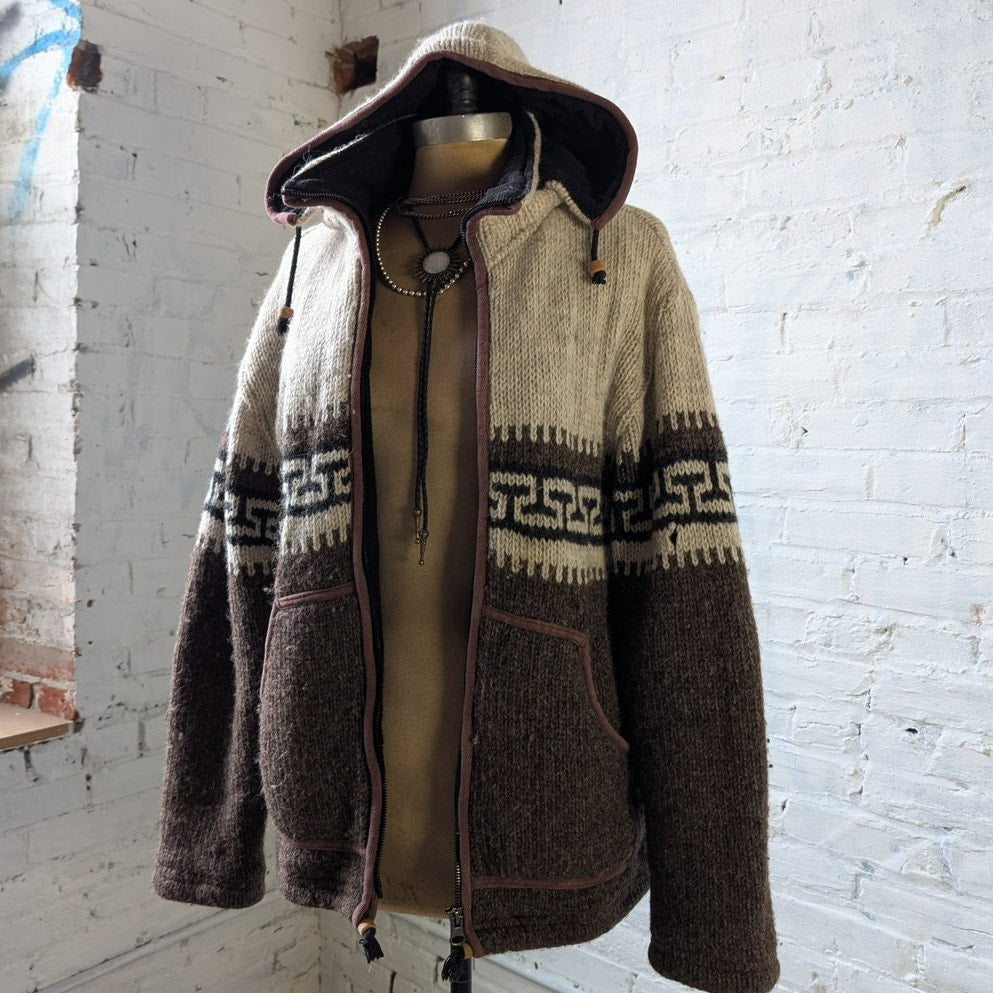 Vintage Hand Knit Wool Fleece Jacket Fuzzy Chunky Grandpa Sweater Nordic Coat