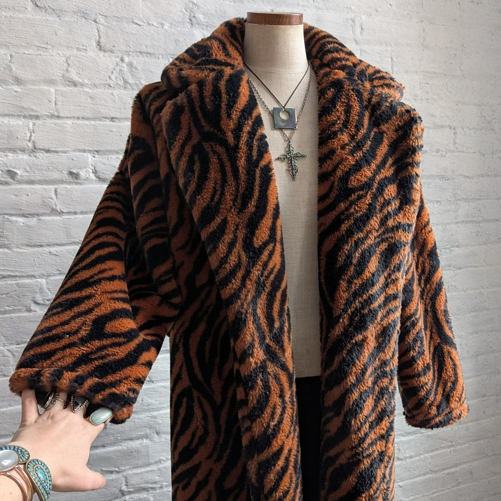Y2K Orange Cheetah Faux Fur Trench Coat Striped Animal Print Fuzzy Furry Jacket