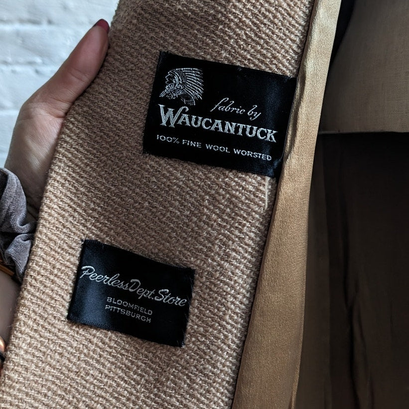 Vintage Wool Mink Fur Tan Coat Camel Swing Boucle Furry Collar Mod Chic Jacket