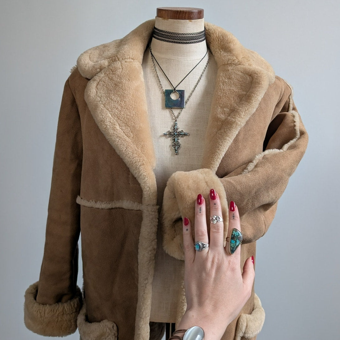 Vintage Brown Suede Shearling Coat Fur Coat Wool Minimalist Winter Jacket Medium