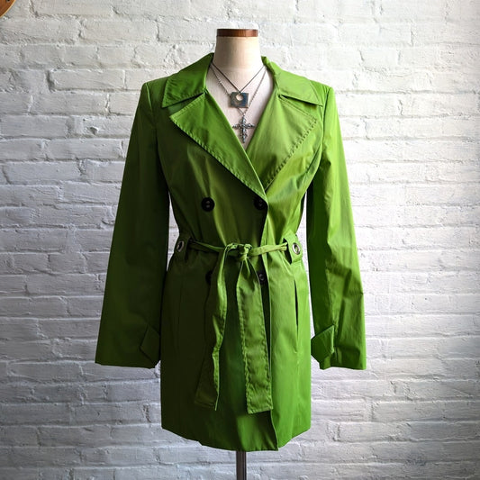 Y2K Lime Green Trench Coat Earthy Minimalist Preppy Belted Rain Jacket Medium