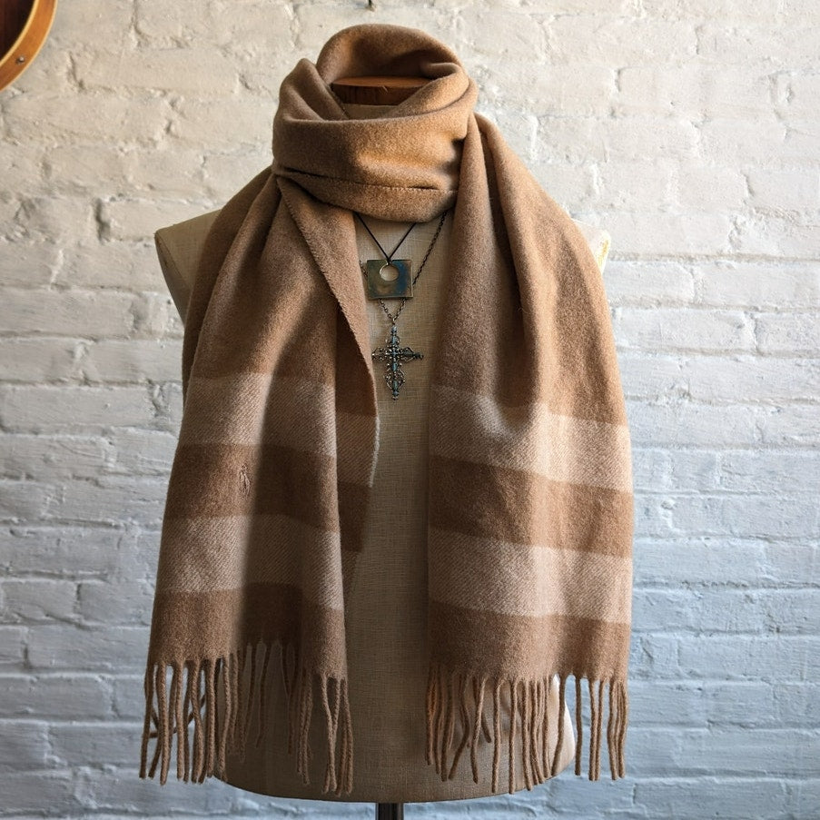 Polo Ralph Lauren Wool Striped Knit Scarf Preppy Minimalist Fuzzy Fringe Wrap
