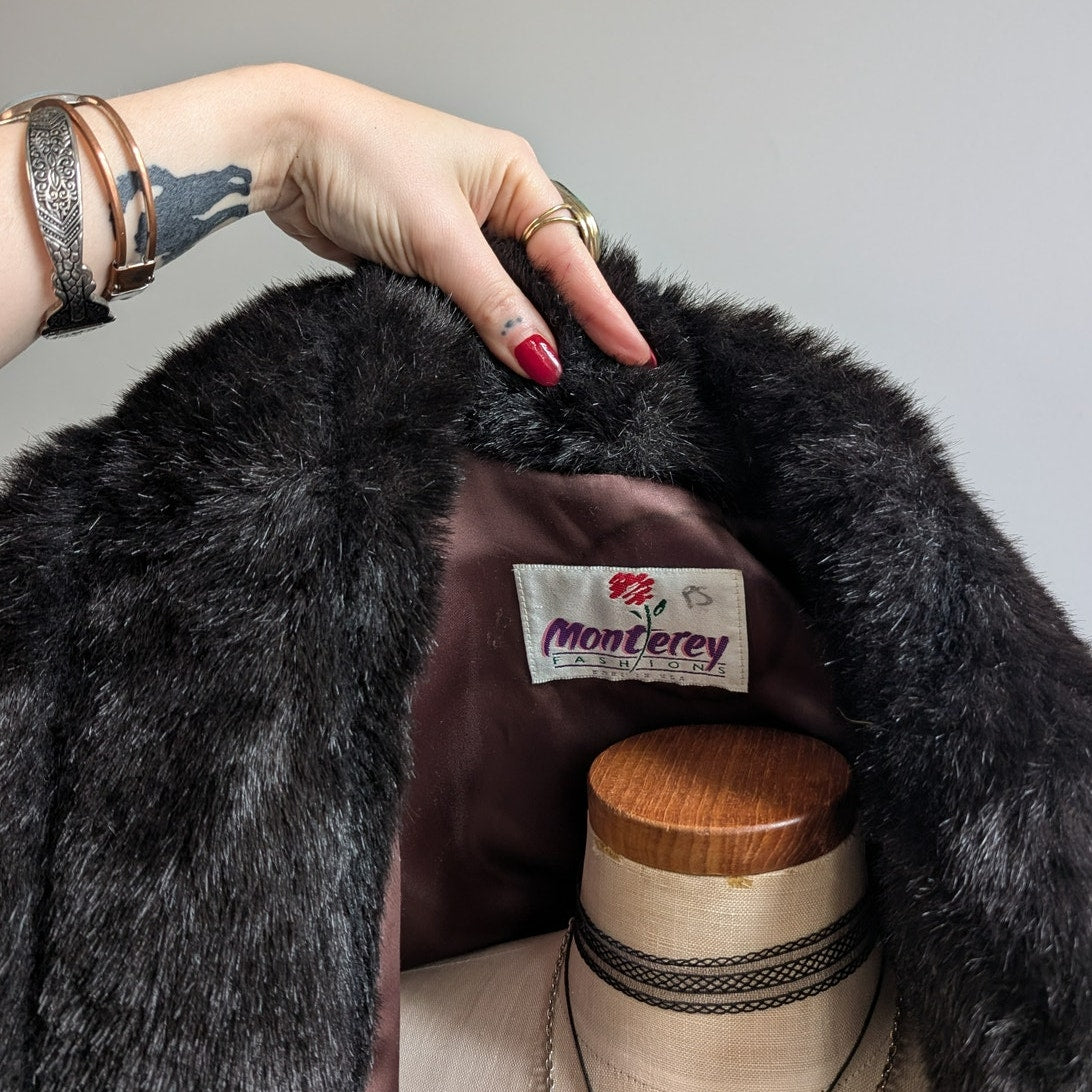 Vintage Black Faux Fur Coat Fur Trim Jacket Mob Wife Minimalist Goth Chic Medium