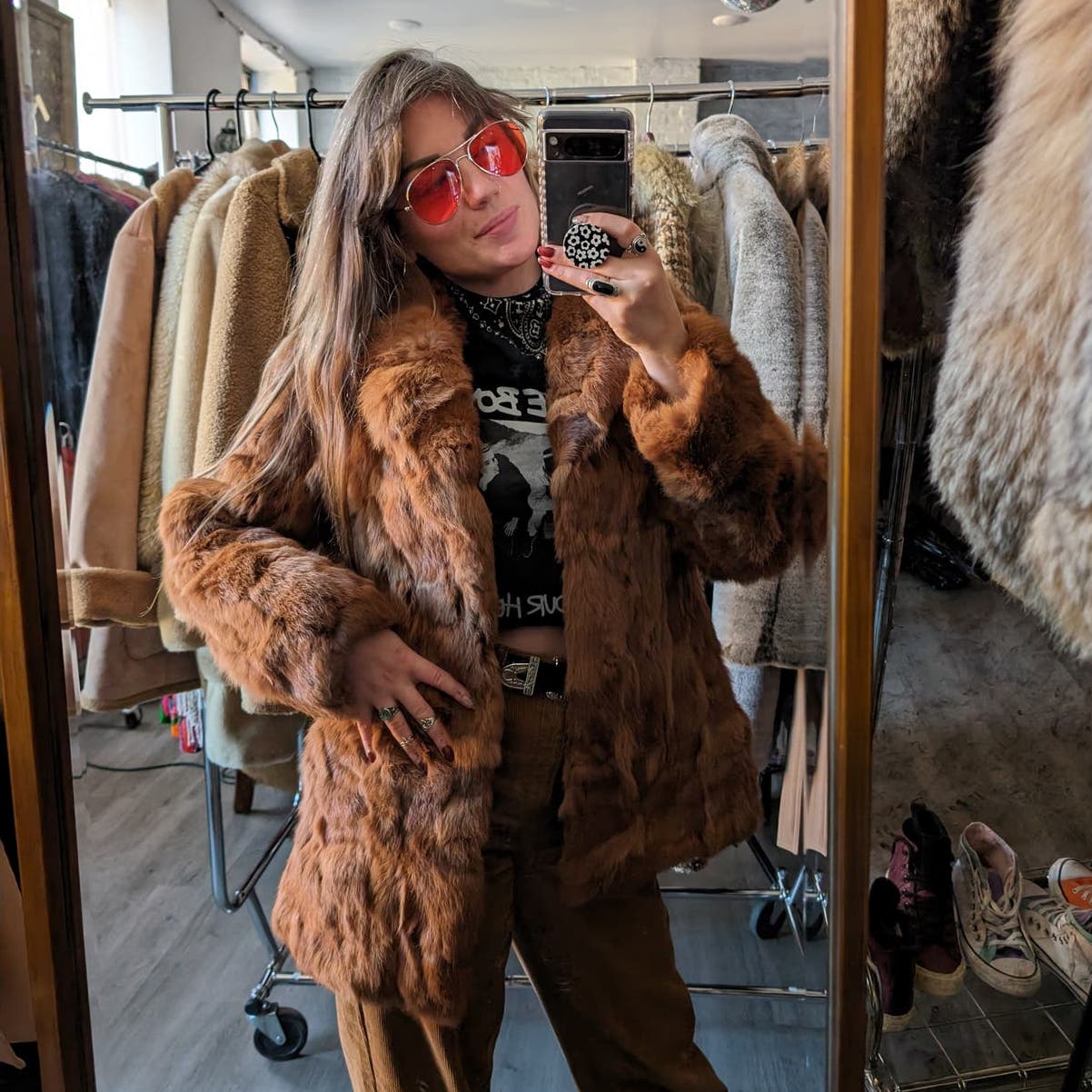 Vintage Mob Wife Rabbit Fur Coat Rusty Red Brown Penny Lane Shaggy Furry Jacket