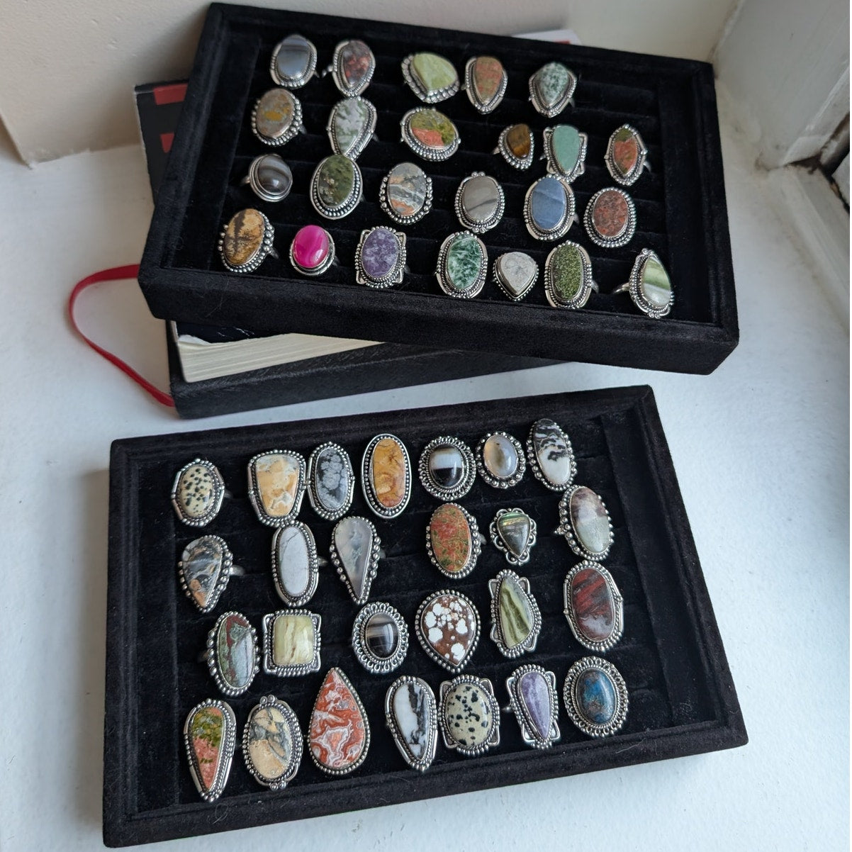 White Teardrop Sterling Silver Ring Retro Vintage Boho Natural Stone Size 5.25