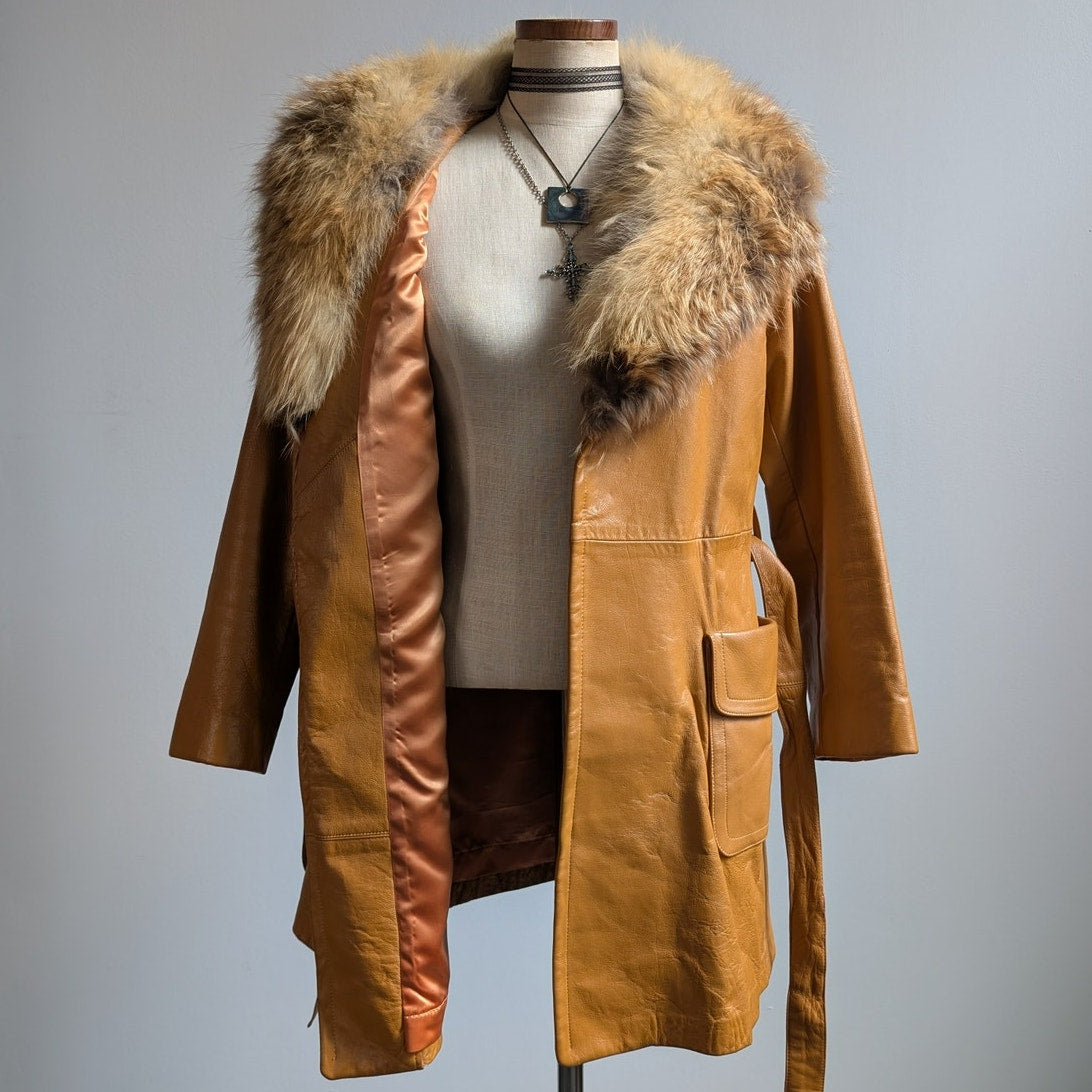 Vintage Mustard Leather Penny Lane Jacket Groovy Fur Trim 70s Trench Coat Medium