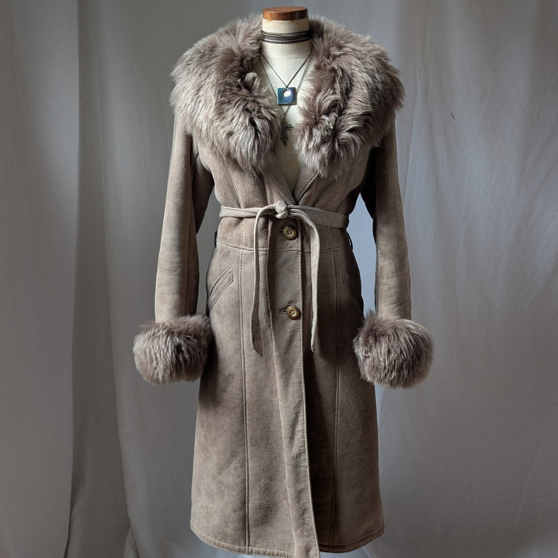 Vintage Brown Suede Penny Lane Jacket S Shearling Fur Coat Chic Leather Trench