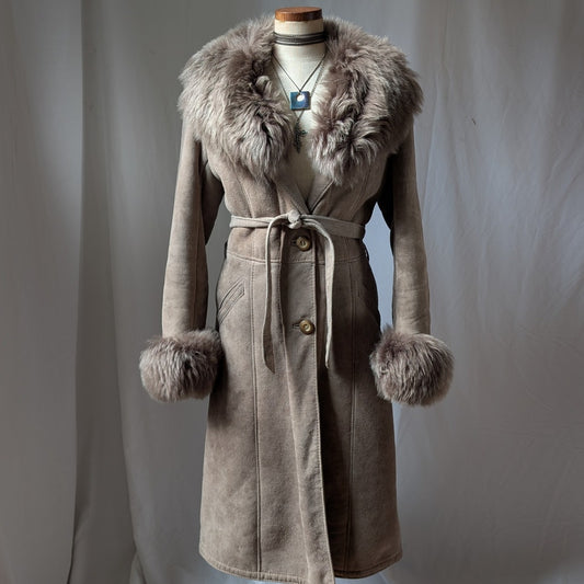 Vintage Brown Suede Penny Lane Jacket S Shearling Fur Coat Chic Leather Trench