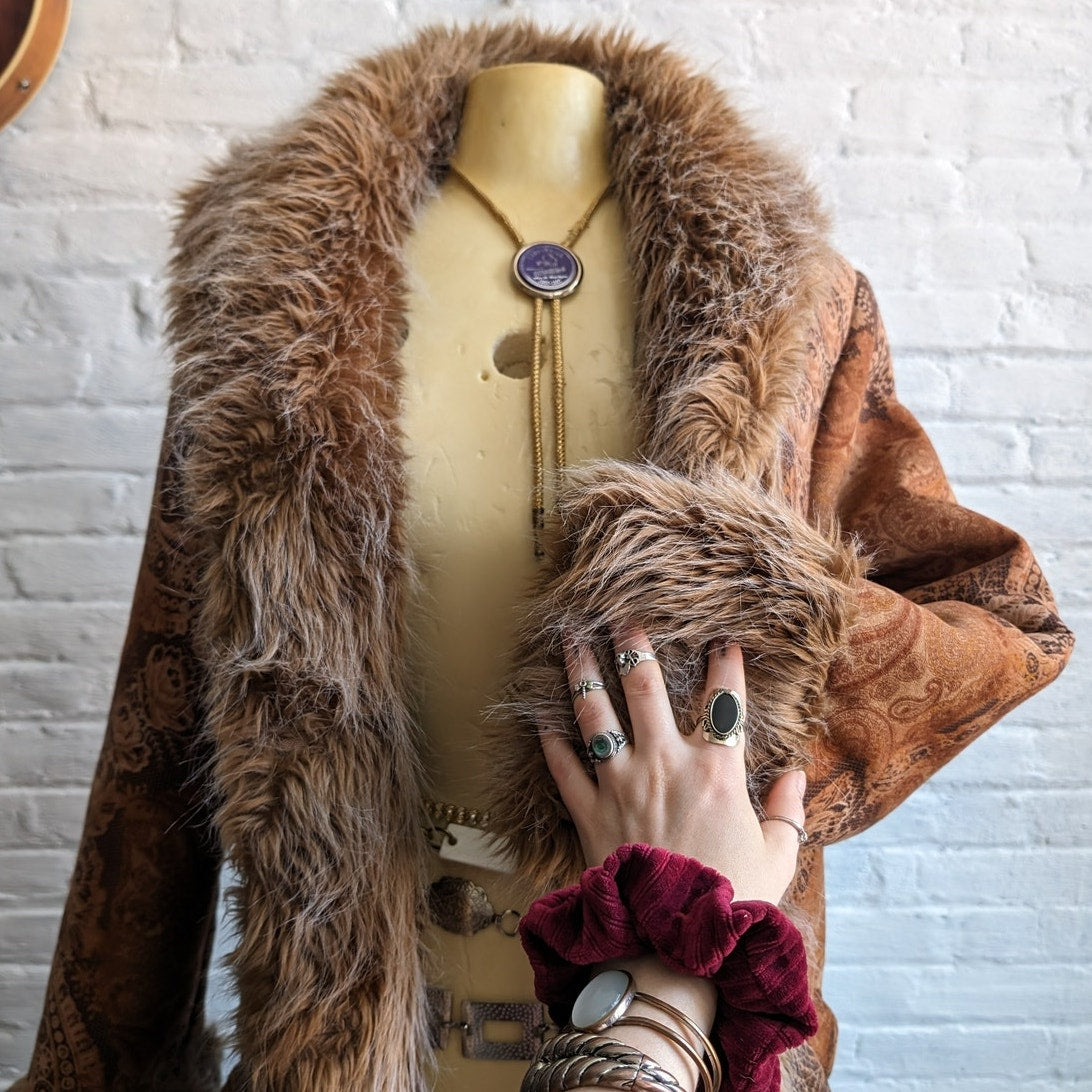 90s Vintage Penny Lane Groovy Faux Fur Jacket S Boho Afghan Tapestry Trench Coat