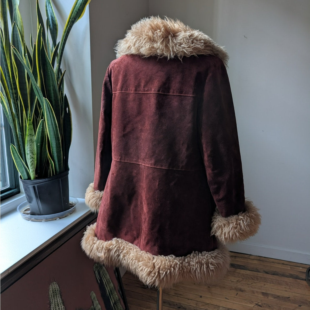 Vintage Red Suede Jacket Leather Penny Lane Coat Fur Trim 70s Trench Coat Small