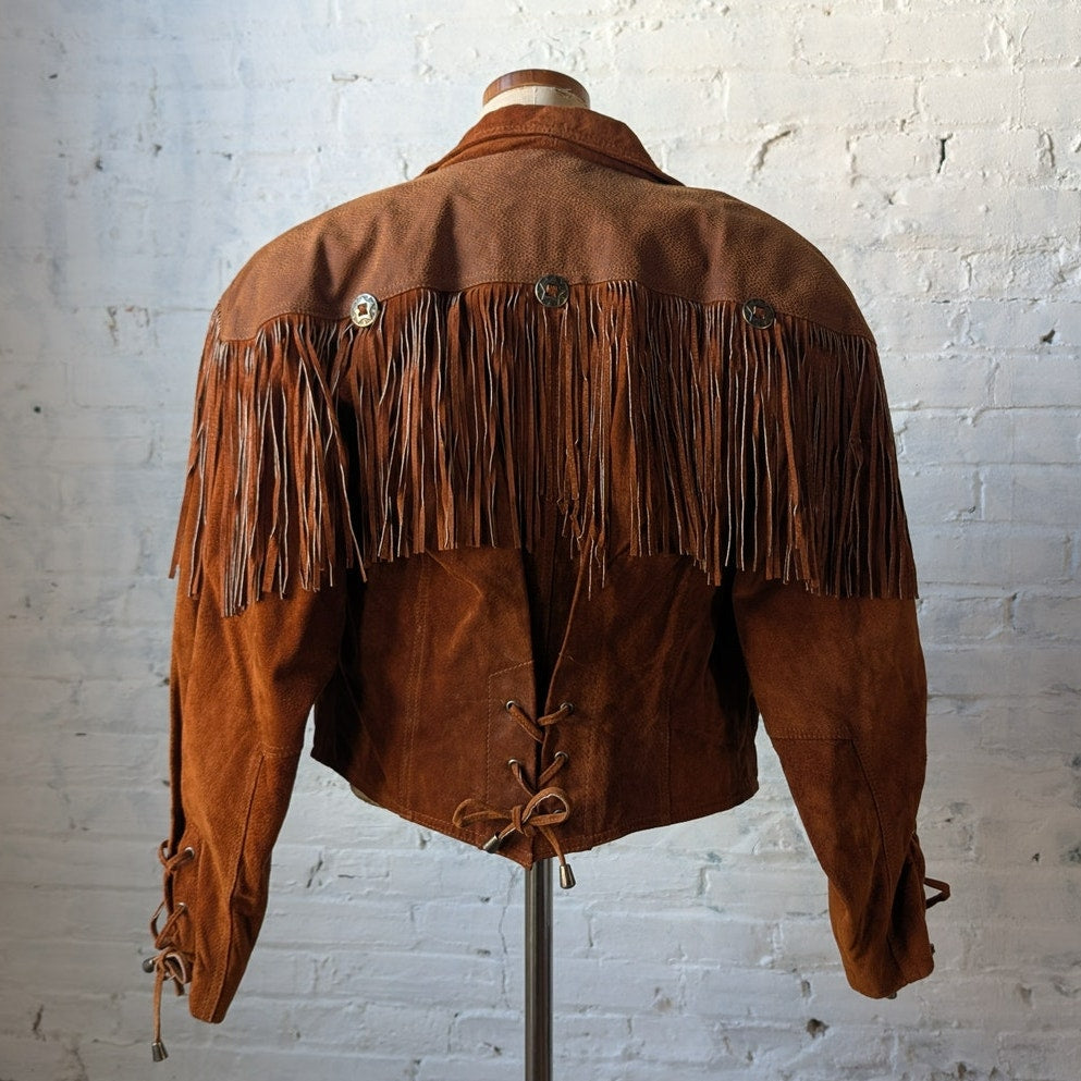 Vintage Rust Orange Brown Suede Leather Jacket Fringe Biker Western Moto Coat
