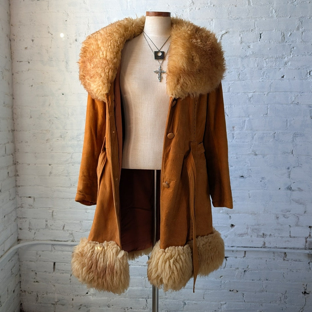 Vintage Orange Suede Penny Lane Jacket Leather Trench Coat Faux Fur Coat Large