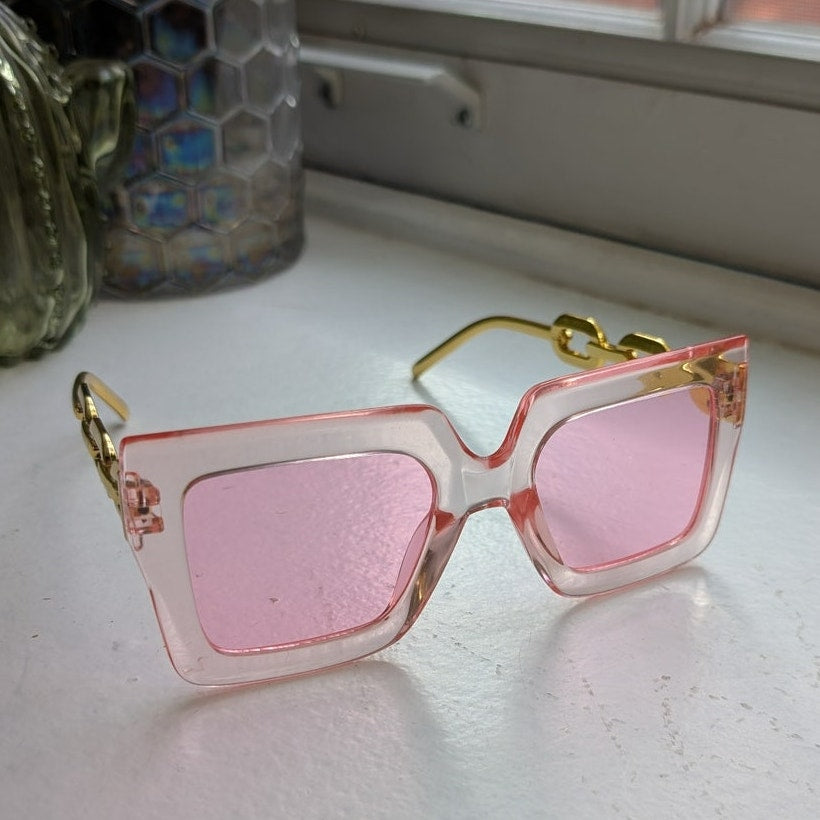 70s Retro Pink Square Festival Sunglasses Gold Barbie Translucent Sunnies Shades