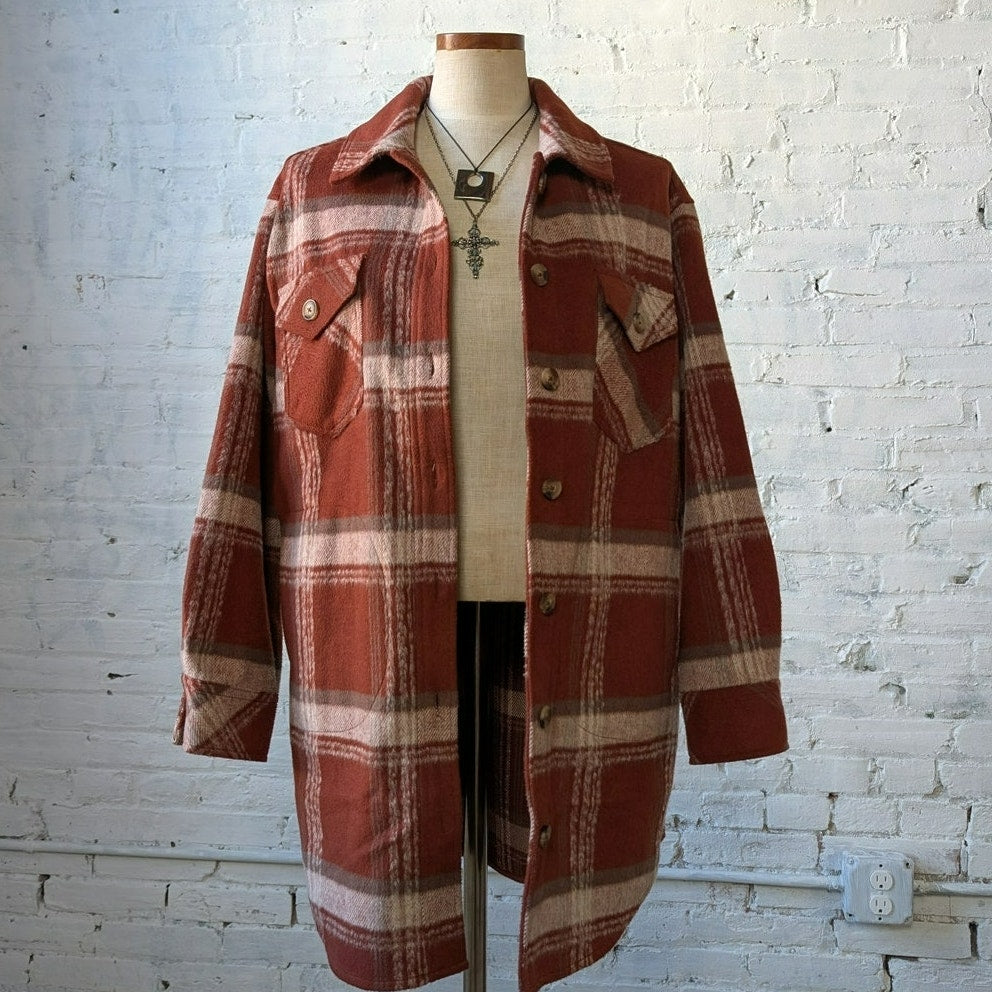 Red Plaid Flannel Jacket Gorpcore Utility Shacket Grunge Boho Chic Earthy Small