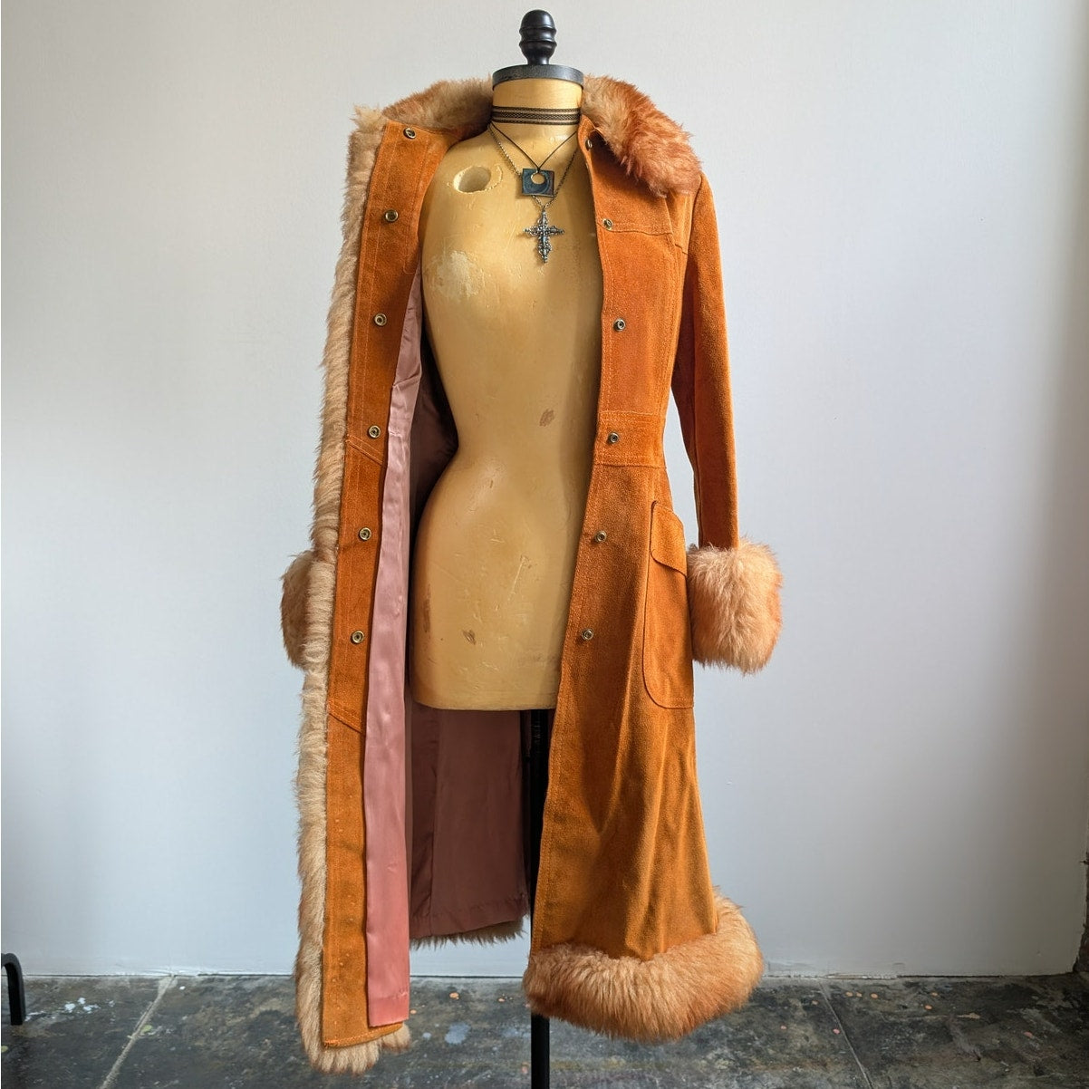 Vintage Orange Suede Penny Lane Afghan Trench Coat Fur Trim 70s Leather Jacket S