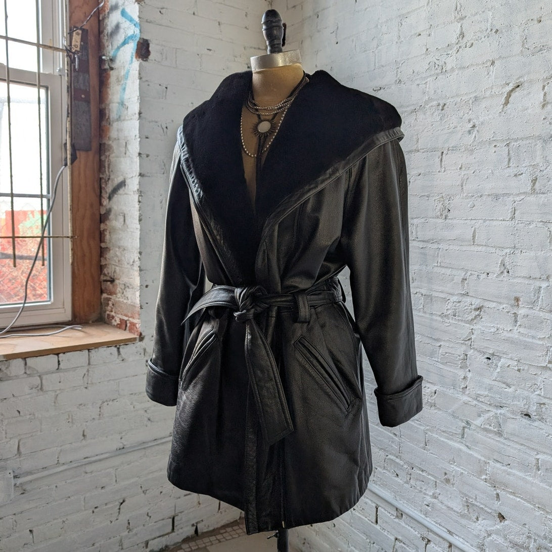 Vintage Black Leather Penny Lane Coat Faux Fur Trench Minimalist Goth Jacket