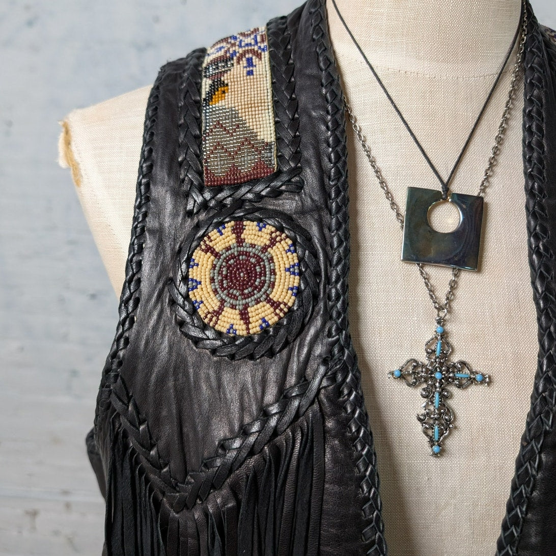 Vintage Black Leather Biker Vest Western Cowboy Fringe Vest Beaded Top Medium