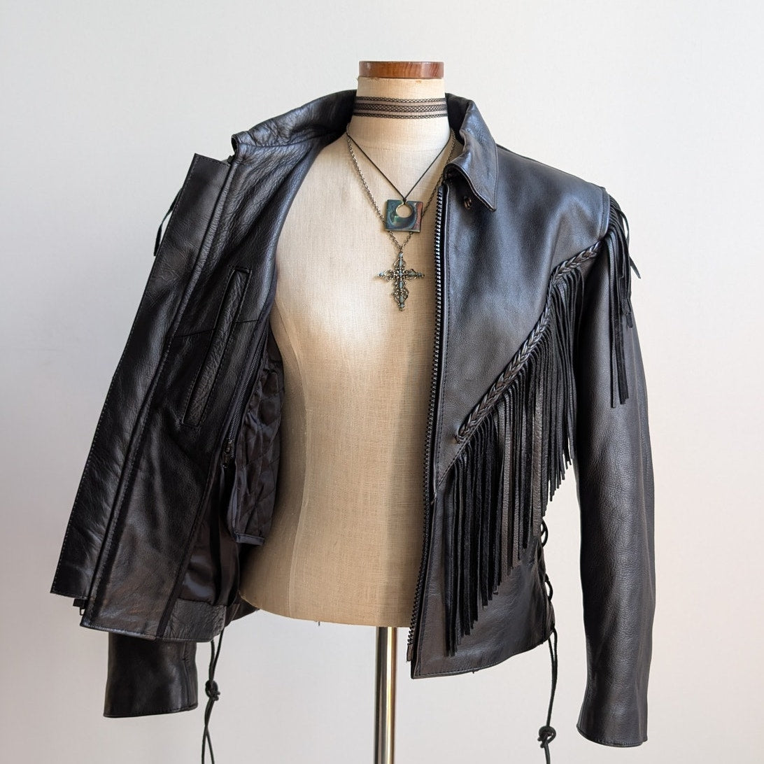 Vintage Black Leather Biker Jacket Fringe Sexy Moto Cowgirl Western Coat Small